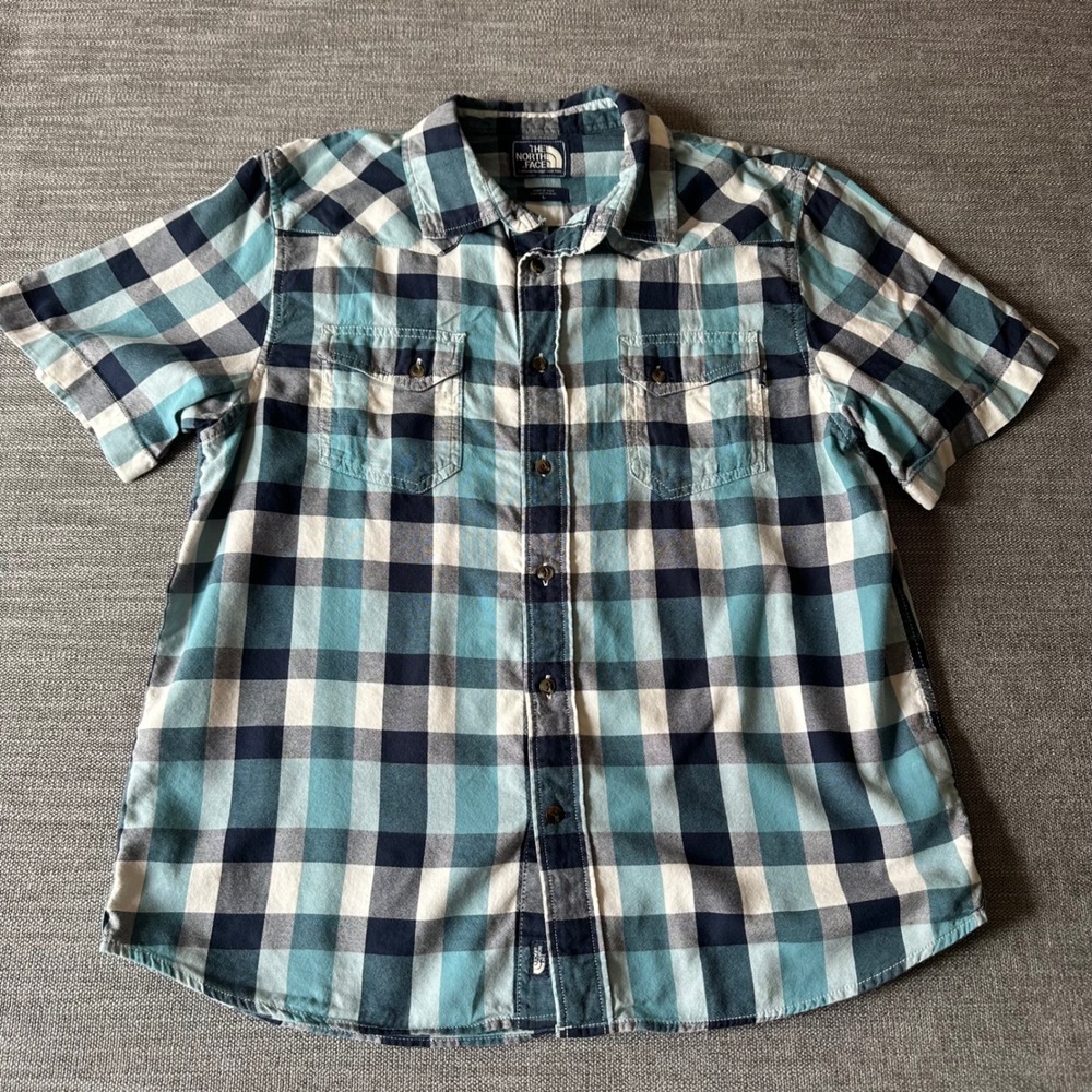 The North Face Button Down Shirt Mens L Teal Navy Plaid Short Sleeve